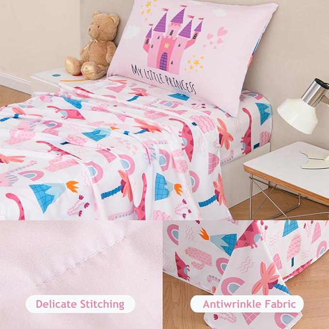 PERFEMET 4 Pieces Girls Toddler Bedding Set Pink Castle Fairy Tales Toddler Comforter Set Reversible Colorful Rainbow Princess Printed Toddler Bed Set with Sheets(Pink, Castle)