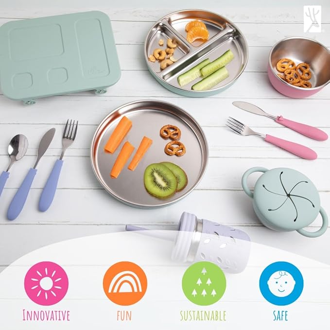 Elk and Friends Stainless Steel Divided Plates with Silicone Sleeve for Babies & Toddlers | Lids Included | Stay Put Suction | Dinner & Snack Plates | 2 Pack