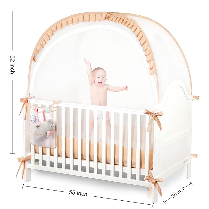 Baby Safety Crib Tent Infant Pop up Mosquito Net Nursery Bed Canopy Netting Cover - Keep Baby from Climbing Out with Hanging Diaper Storage Bag (Beige)