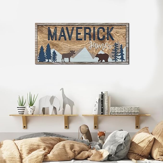 Custom Woodland Nursery Decor - Baby Name Sign for Boys, Kids Room Decor - Wooden Name Sign Gift
