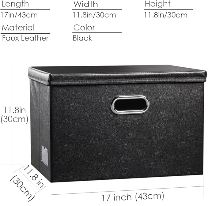 PRANDOM Large Foldable Storage Bins with Lids [3-Pack] Leather Fabric Collapsible Storage Boxes Organizer Containers Baskets Cube with Cover for Home Bedroom Closet Office Black(17.7x11.8x11.8)