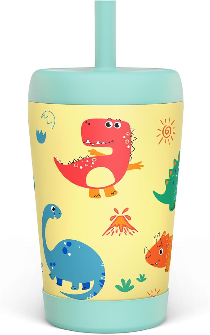 Kid Insulated Stainless Steel Tumbler with Silicone Straw, 12oz Sippy Cup for Kids (Playful Dinosaurs)