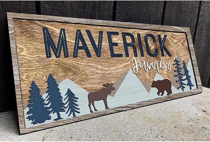 Custom Woodland Nursery Decor - Baby Name Sign for Boys, Kids Room Decor - Wooden Name Sign Gift