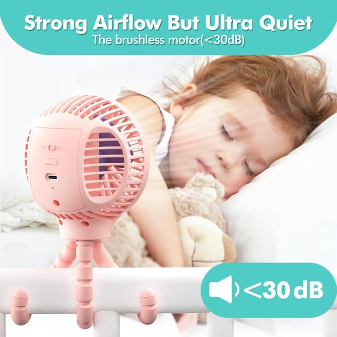 HomeLifairy Portable Stroller Fan, USB or Rechargeable Battery Operated with 3 Speeds and 360°Rotate, Cooling Clip On for Baby Crib Travel Car Seat Pink