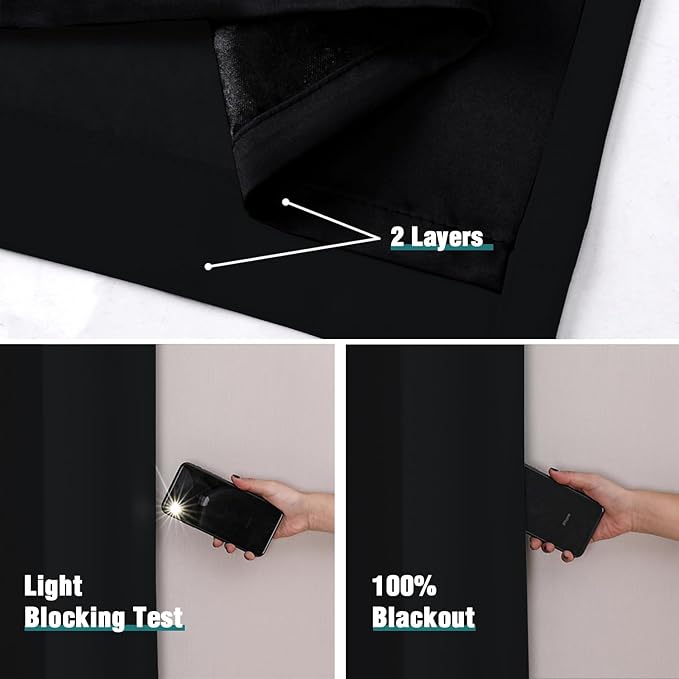 ChrisDowa 100% Blackout Curtains 84 inch Long for Bedroom with Black Liner, Extra Wide 2 Thick Layers Total Blackout Thermal Insulated Grommet Window Curtains 2 Panels Set (Black, 60 x 84 Inch)
