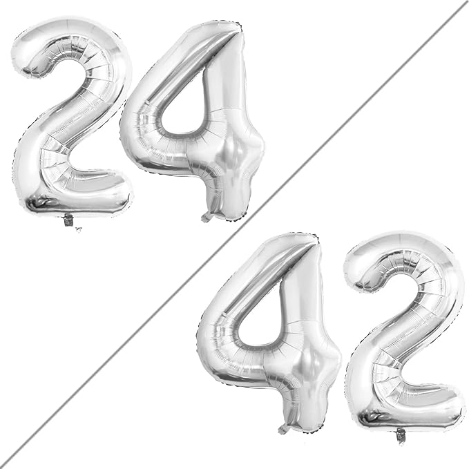 GOER Number 24 Balloons for 24th Birthday Party Decorations,42 Inch Jumbo Foil Helium 42 Balloons for 42nd Birthday Party Decoration (Silver)