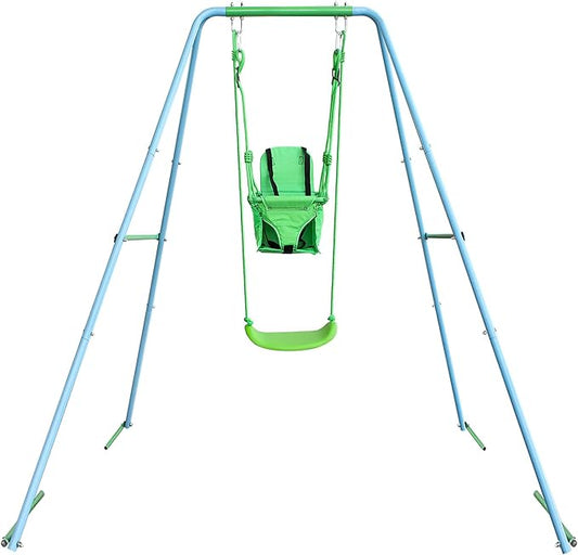 2-in-1 Toddler Swing Set with Metal Stand, Safety Belt & 4 Anchors - A-Frame Swing for Kids 6 Months+ (Blue, Indoor/Outdoor Backyard Playground)