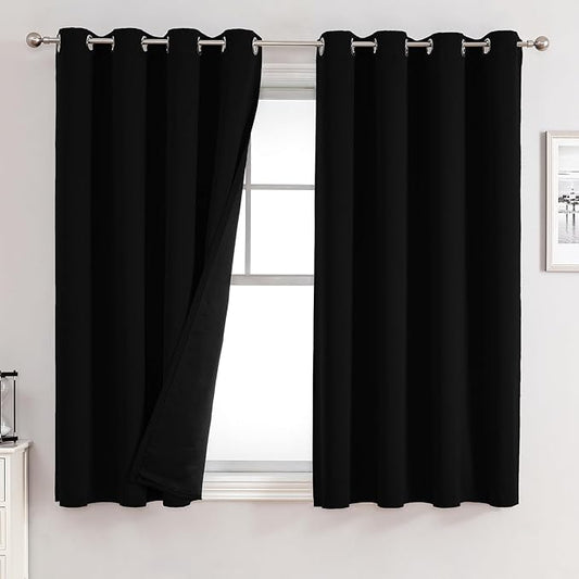 ChrisDowa 100% Blackout Curtains for Bedroom with Black Liner, 2 Thick Layers Total Blackout Thermal Insulated Grommet Window Curtains 2 Panels Set (Black, 52 x 54 Inch)