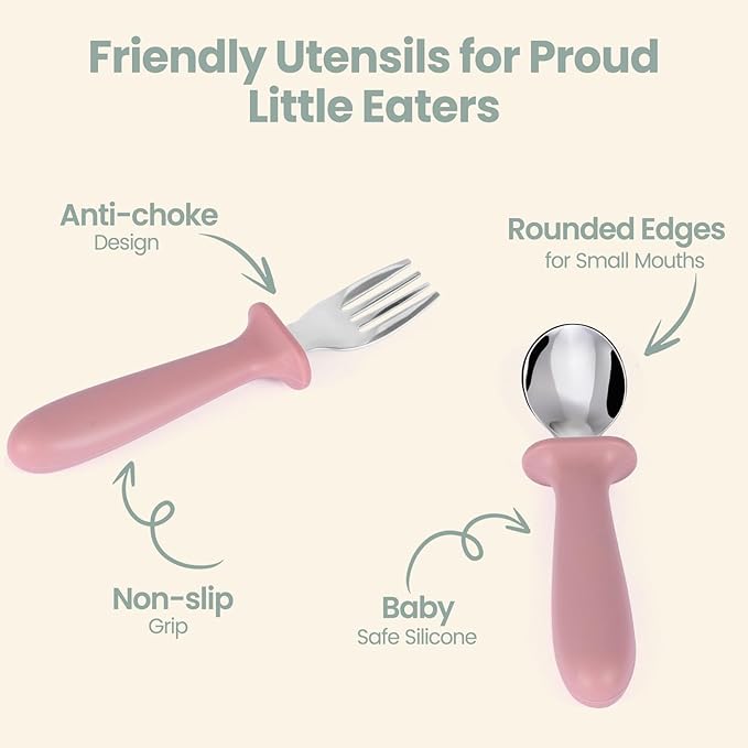 2 Pack Silicone Divided Baby Plates with Suction, 2 Pack Toddler Forks and Spoons Set, BPA Free, Baby Feeding Set for Toddler Utensils, Microwave and Dishwasher Safe