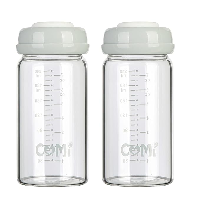 COMI Wide Neck Glass Breastmilk Collection n Storage Bottle, 8oz with Screw Ring Sealing Disk; Re-markable Sealing Disc. BPA Free, Fits Breast Pumps & Nipples (2 Gray Lids)
