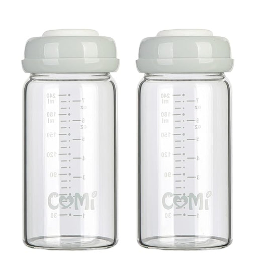 COMI Wide Neck Glass Breastmilk Collection n Storage Bottle, 8oz with Screw Ring Sealing Disk; Re-markable Sealing Disc. BPA Free, Fits Breast Pumps & Nipples (2 Gray Lids)