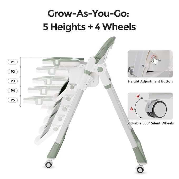 3-in-1 Foldable High Chair for Babies & Toddlers – Adjustable Height, Reclining Seat, 5-Point Safety Harness, Removable Tray, Lockable Wheels, Washable Cushion – Portable & Easy Clean, Green