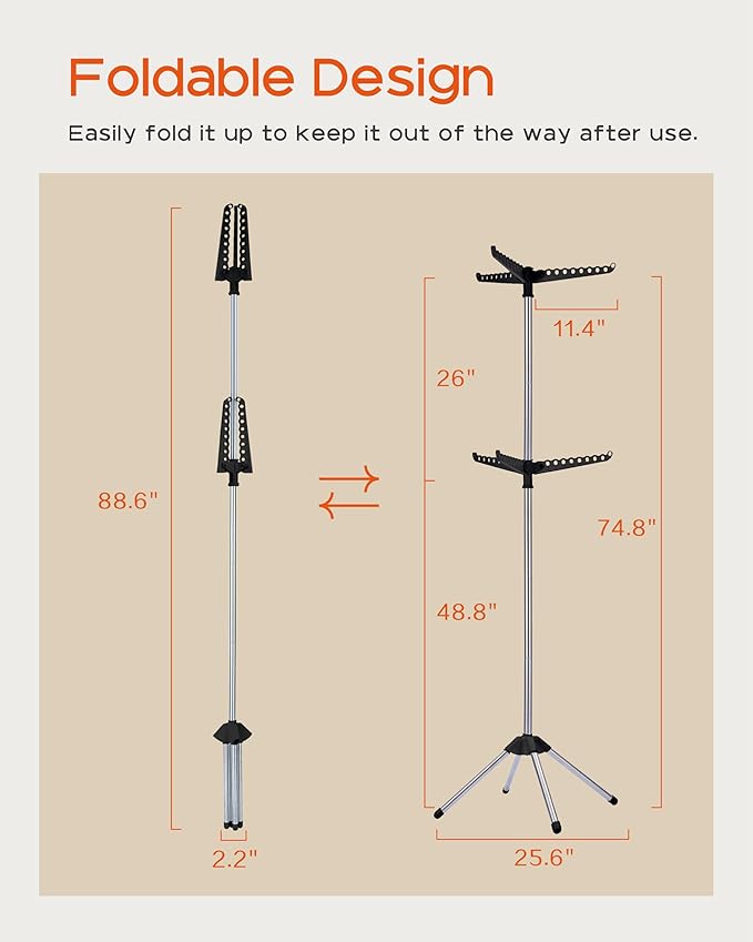 Clothes Drying Rack Foldable, 74.8 inch 2 Tier Laundry Drying Rack with Rotating Clothes Rail for 54 Pieces of Clothes, Space Saving, Indoor, Stainless Steel, Black and Silver CDR002B01