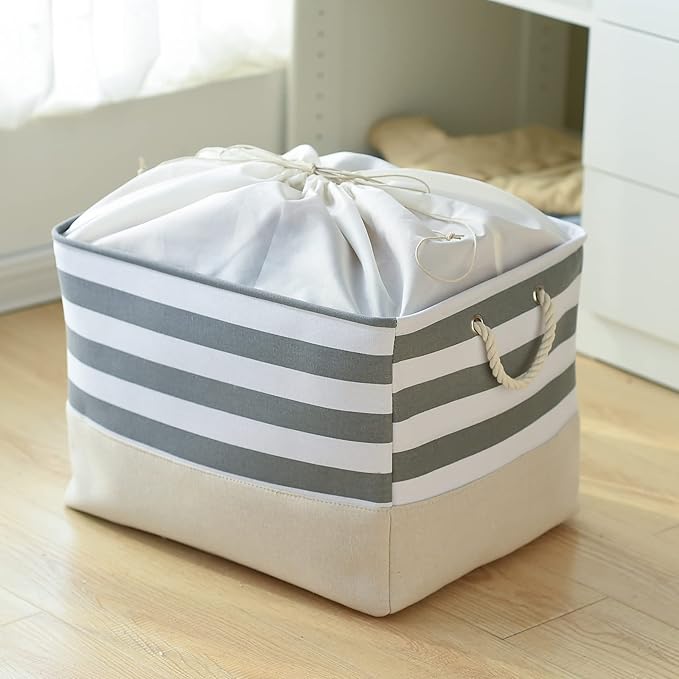 TheWarmHome Jumbo Storage Bins Baskets, Sturdy Fabric Organizing Basket W/Handles, Decorative Foldable Storage Baskets for Shelves Closet Nursery Toy (Grey&White Stripes 3 Pack, 20.5Lx15.7Wx13.8H in)