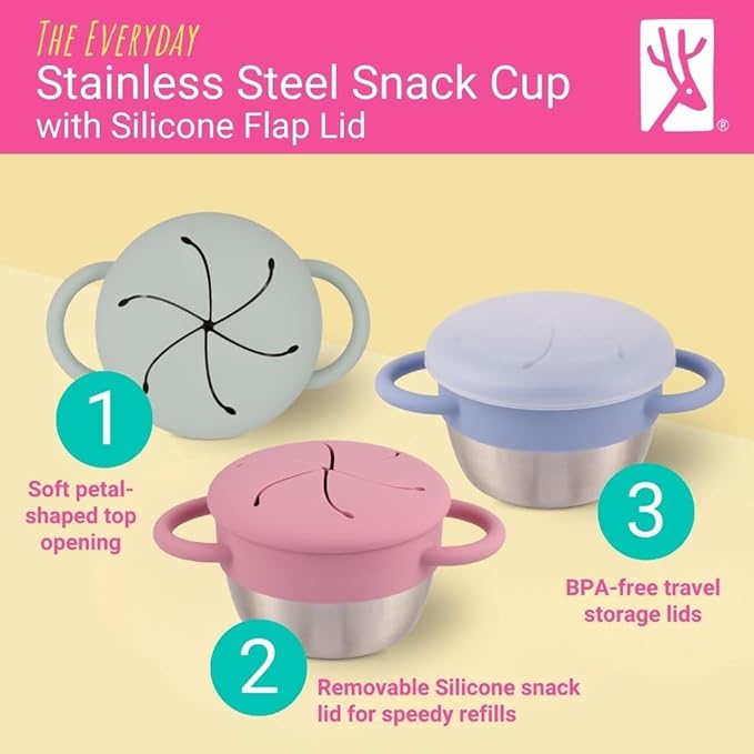 Elk and Friends Stainless Steel Snack Cups | Removable Silicone Food Catcher and Travel Lid | Spill-Proof Snack Containers for Baby, Toddler, Kids | Dishwasher Safe | 2 Pack