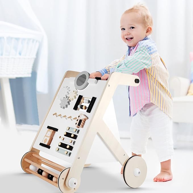 Beright Wooden Baby Walker with Roller, Push and Pull Learning Activity Walker, Multi-Functional Kids’ Activity Toy, Multiple Activities Center, Develops Motor Skills & Stimulates Creativity, Natural