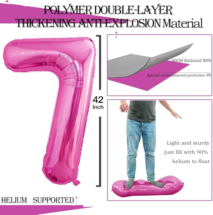 GOER Pink Foil Balloons Number 7,Huge Number Balloons for 7th 77th Birthday Party Supplies Anniversary Decorations(3 pcs,42 inch,32 inc,16inch)