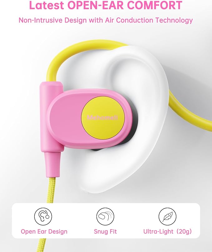 Kid Headphones for School, Air Conduction Open Ear Headphones, 3.5mm Jack Wired Cord, Ultra-Comfort, Ergonomic and Lightweight Design Perfect for School and Outdoor Activities-Yellow Pink