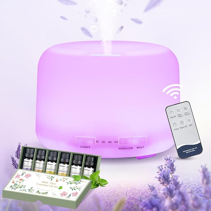 Diffusers for Essential Oils Large Room 500ML+6 Oil Set, Bluetooth Speaker+Remote+8 RGB Lights Essentail Oil Diffuser, Easy to Use & 23Db 100% Quiet Oil Diffuser Large Room, Diffusers for Home