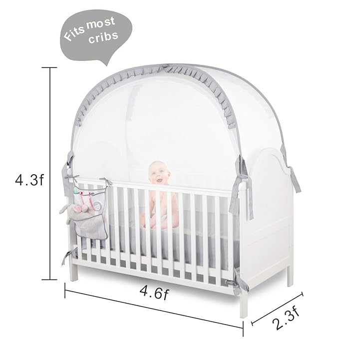 Baby Safety Crib Tent Infant Pop up Mosquito Net Nursery Bed Canopy Netting Cover - Keep Baby from Climbing Out with Hanging Diaper Storage Bag (Gray)