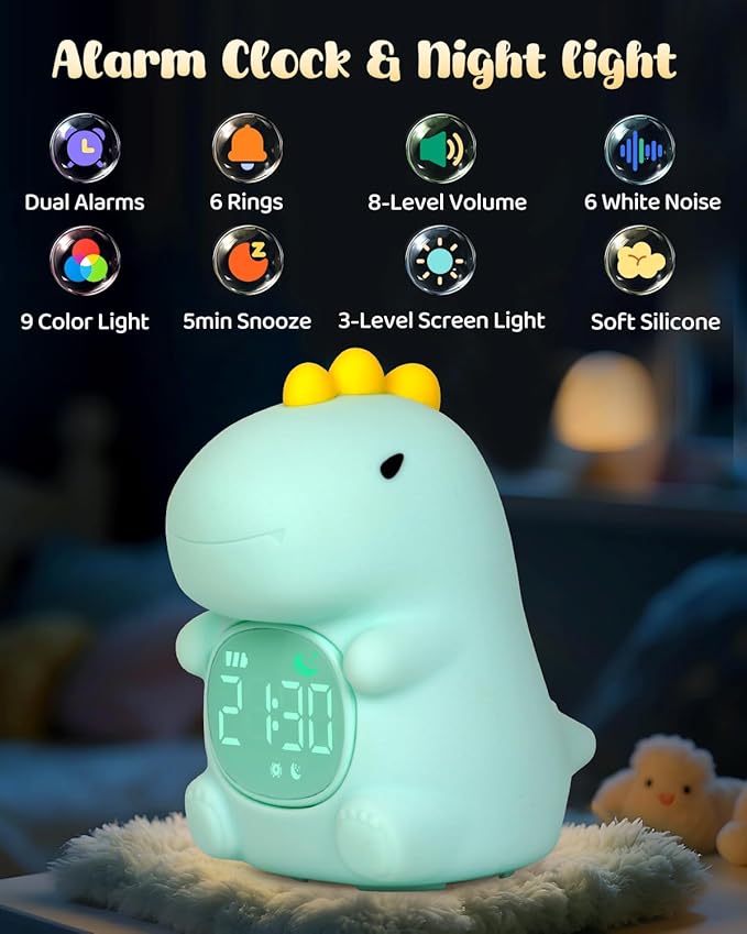 Dinosaus Alarm Clock for Kids with Night Light, Sleep Training Clock Time to Wake Clock, Rechargeable Silicone Light for Bedroom, Perfect Sleep Companion for Boys Girls