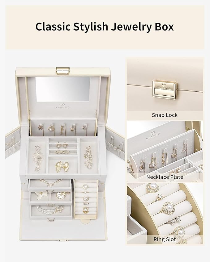 Vlando Jewelry Box Organizer for Girls Women, Large Jewelry Holder Organizer with Mirror, 3 Drawers for Bracelets, Earrings, Rings, Necklaces, Mothers Day Gifts for Loved One, Apricot White