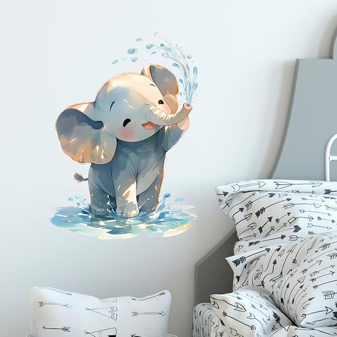 Cartoon Baby Elephant Wall Decals Removable Animal Vinyl Stickers for Nursery Bathroom and Kids Playroom Water Play Decor Peel and Stick Wall Art