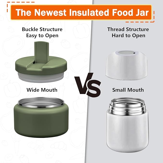 13.5oz Kids Thermos for Hot Food, Insulated Vacuum Food Jar with Buckle Lid, Stainless Steel Wide Mouth Leak Proof Insulated Lunch Container for School Picnic Travel, Green