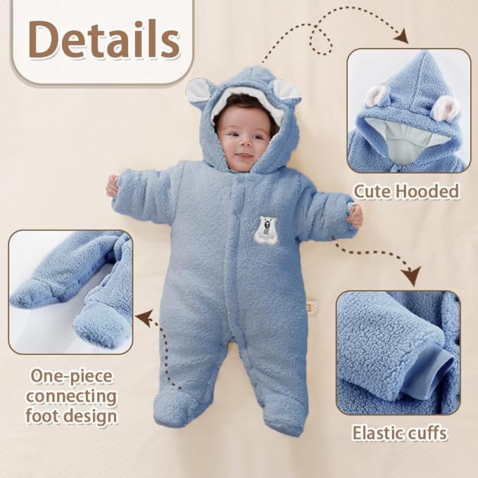 XIFAMNIY Newborn Fleece Footie Jumpsuit Hooded Warm Thicken Winter Outwear Snowsuit for Baby Girls and Boys