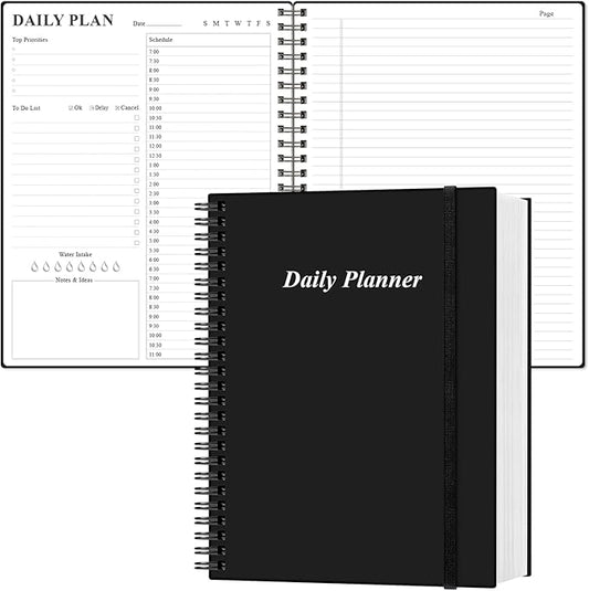 Daily Planner Undated - A4 To Do List Notebook Hourly Schedules, Spiral Appointment Planner for Women and Men,PVC Hardcover, Inner Pocket, Elastic Closure, 8.5" x 11", Black