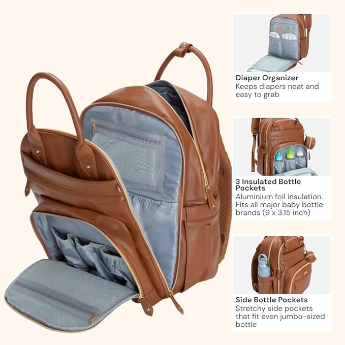 BabbleRoo Leather Diaper Bag Backpack - Baby Essentials Travel Baby Bag, Multi function, Waterproof, with Changing Pad, Stroller Straps & Pacifier Case – Unisex, Natural Brown
