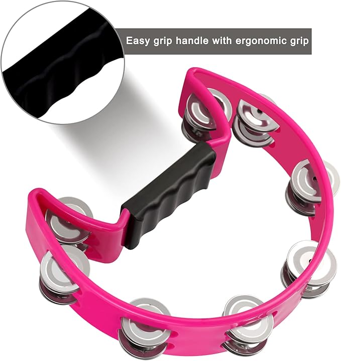EastRock Tambourine,Metal Jingles Hand Held Percussion-Half Moon Tambourine for Kids, Adults, KTV, Party Pink