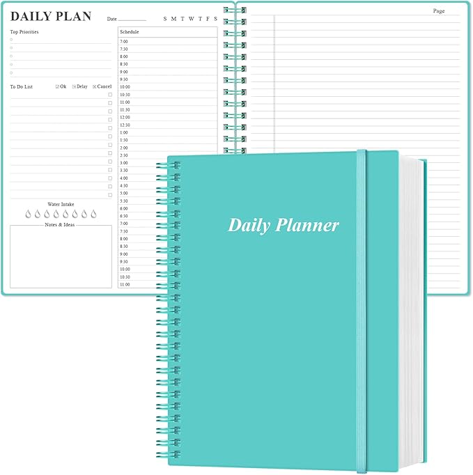 Daily Planner Undated - A4 To Do List Notebook Hourly Schedules, Spiral Appointment Planner for Women and Men,PVC Hardcover, Inner Pocket, Elastic Closure, 8.5" x 11", Teal
