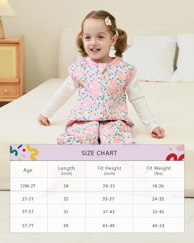HOMEAL 1.0Tog Sleep Sack, Toddler Sleep Sack with Feet, 5T-7T Sleep Sack Toddler,Toddler Sleeping Sack with Legs,Pink Rose