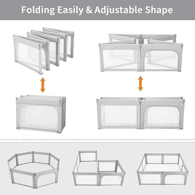 Foldable Baby Playpen, Shape & Size Adjustable Playpen for Toddler, 79x71 Large Play Pens Safety Mesh Foldable Playard for Babies, Portable Baby Fence Play Area Kids Play Pen, Grey