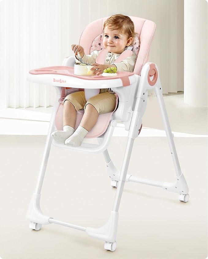 Foldable High Chair with Soft Cushion, High Chairs for Babies and Toddlers, Height Adjustable Feeding Chair, Adjustable Backrest and Footrest, Lockable Wheels, Star Pink