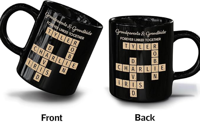 Family Forever Linked Together Custom Names Ceramic Mug, Crossword Puzzle Art, for Birthday, Anniversary or Special Occasions (Grandparents & Grandkids Forever Linked Together Black Mug)