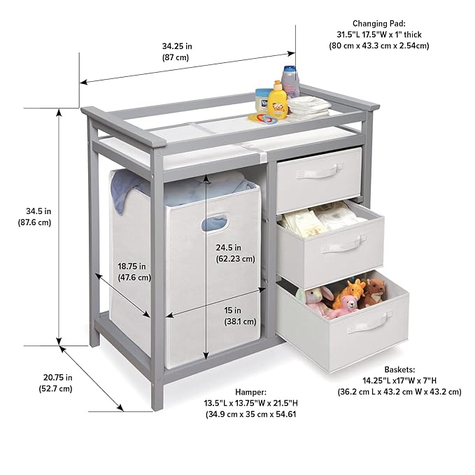 Badger Basket Modern Baby Changing Table - Portable Diaper Station with 3 Drawers Pad & Hamper - Storage Organizer for Baby Diapers & Toys - Gray/White