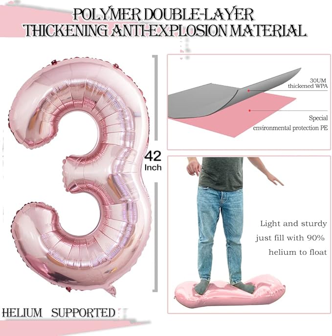 GOER 2 Pcs 42 Inch Rose Gold Foil Balloons Number 3,Huge Number Balloons for 3rd 33rd Birthday Party Supplies Anniversary Decorations