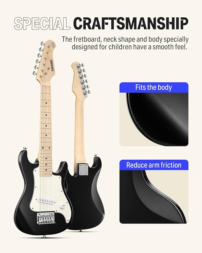 Donner 30 Inch Kids Electric Guitar Beginner Kits ST Style Mini Electric Guitar for Boys Girls with Amp, 600D Bag, Tuner, Picks, Cable, Strap, Extra Strings, DSJ-100, Black
