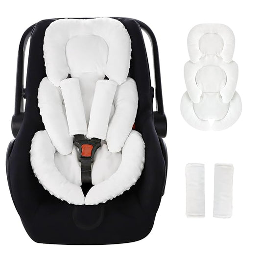 GFU Infant Car Seat Insert Head and Body Support, Reversible Newborn Insert for Carseat with Strap Pads, Soft Stroller Cushion Pillow Insert for Boys and Girls, Fits for Stroller, Swing, White