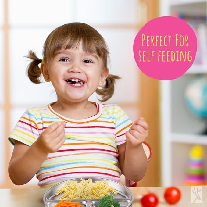 Elk and Friends Stainless Steel Divided Plates with Silicone Sleeve for Babies & Toddlers | Lids Included | Stay Put Suction | Dinner & Snack Plates | 4 Pack