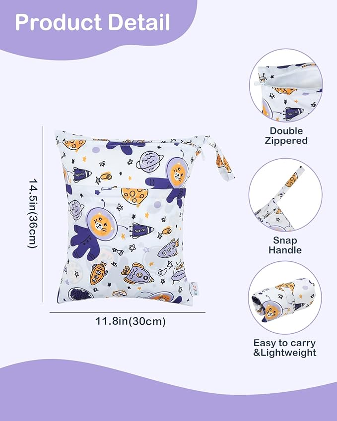 ALVABABY 3 Cloth Diaper Wet Dry Bags Waterproof Reusable with Two Zippered Pockets Travel Beach Pool Daycare Soiled Baby Items Yoga Gym Bag for Swimsuits or Wet Clothes Small Medium Large 3L-ZM28