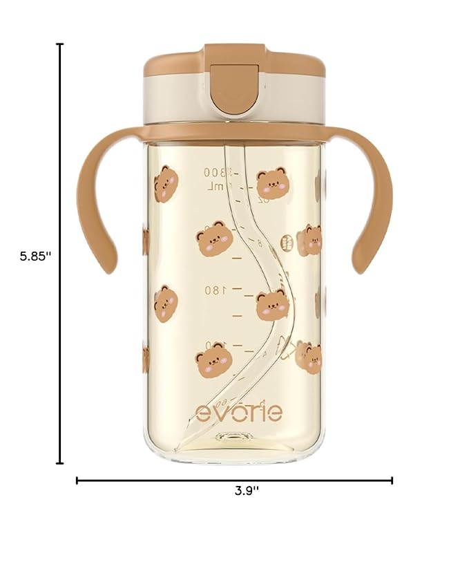 Evorie Tritan Spill Proof Toddler Straw Sippy Cup, 10 oz for Baby and Toddlers 1-3 Years Old, No Spill Straw Water Bottle with Removable Handles, Ideal for School, BPA-Free, Honey Bear