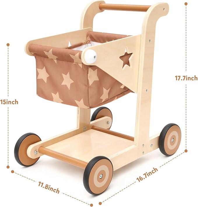 Asweets 2 in 1 Wooden Baby Walker Push and Pull Doll Stroller, Shopping Cart Learning Walker for Boys and Girls, Sit Stand Learning Toddler Toy (Brown)