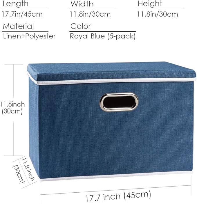 PRANDOM Large Collapsible Storage Bins with Lids [5-Pack] Fabric Foldable Storage Boxes Organizer Containers Baskets Cube with Cover for Home Bedroom Closet Office Royal Blue(17.7x11.8x11.8)