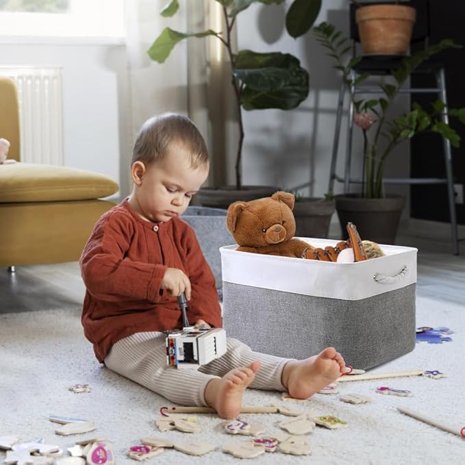 TheWarmHome Organization and Storage Basket for Organizing - 3 Pack 16x12x12 inch Cube Storage Bin Fabric Storage Cubes for Organizer Cloth Gift Toy Closet (White & Grey)