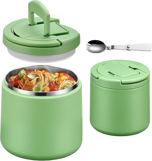 20oz Insulated Vacuum Food Jar with Buckle Lid,Soup Thermo for Hot Food Kids,Wide Mouth Leakproof Stainless Steel Lunch Container with Spoon-Green