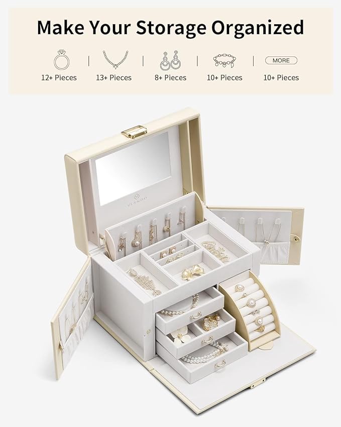 Vlando Jewelry Box Organizer for Girls Women, Large Jewelry Holder Organizer with Mirror, 3 Drawers for Bracelets, Earrings, Rings, Necklaces, Mothers Day Gifts for Loved One, Apricot White