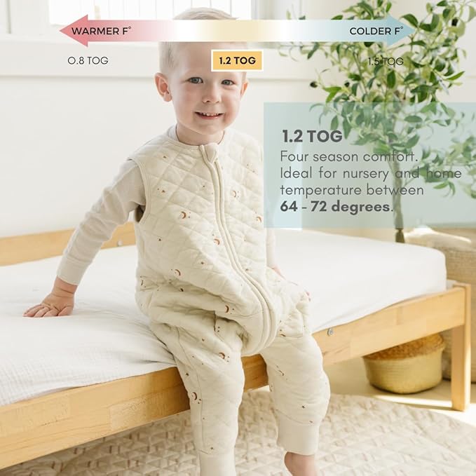 Tealbee Dreamsuit - Toddler sleep sack with feet 12-18 months, 18-24 months - 1.2 TOG All Season Baby Wearable Blanket for Walkers - Rayon made from Bamboo, Organic Cotton Sleep Bag - Moons Stars